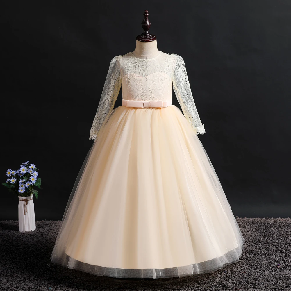 Dress Girl 8 Colors 120cm-170cm Long Sleeve Wedding Party Children Ball Gown Lace Performance Vestidos Kids Skirt