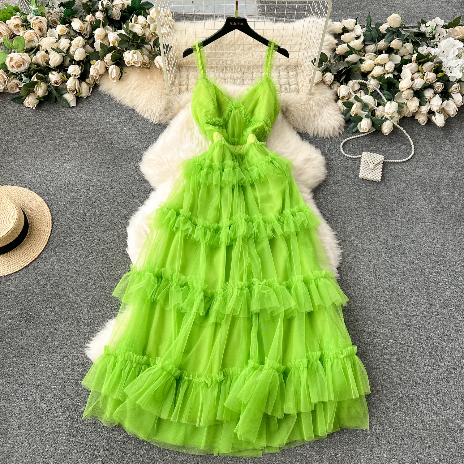 Chic  Sleeveless V Neck Mesh Ruffle Elastic Slim Slip Tiered Dress French Sexy Elegant Party Vestido Women Vintage Summer Dress