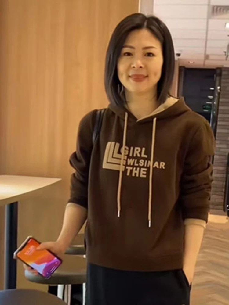 

Утепленная флисовая толстовка с капюшоном для женщин, зимняя, повседневная, свободного кроя, модная, теплая, с длинными рукавами, в корейском стиле, для поездок на работу, с буквенным принтом