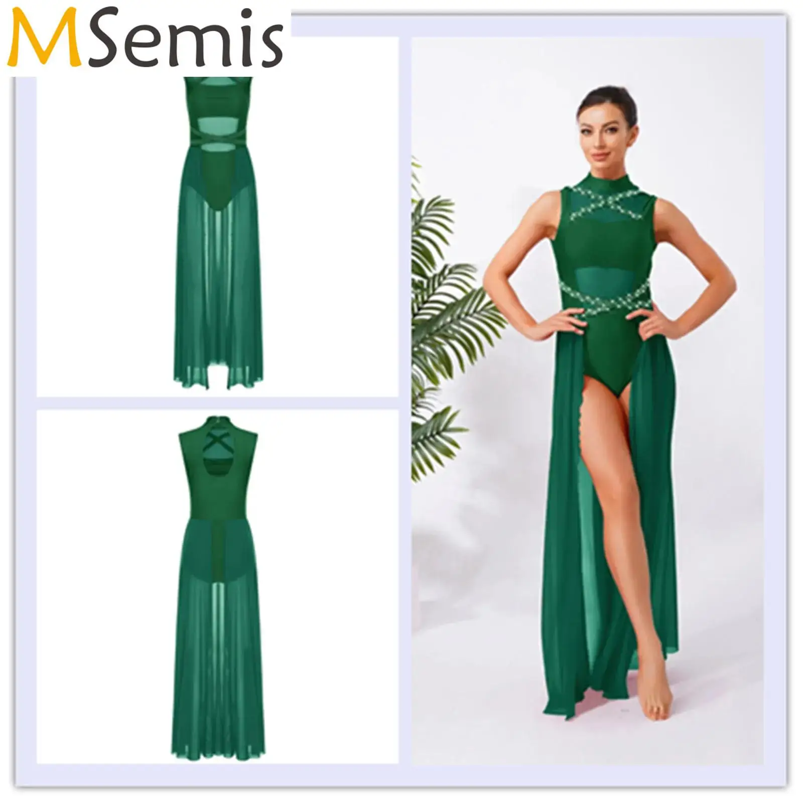 

Womens Rhinestone Ballet Gymnastics Leotard Dresses Modern Contemporary Dance Waltz Skating Dress with Flowy Split Mesh Skirts