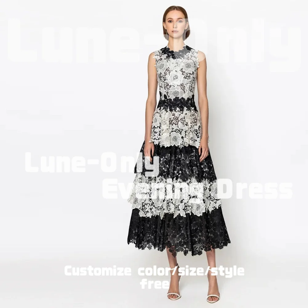 

Customized Sleeveless Black White Tiered Flower Lace Women Evening Dresses A-Line Elegant Party Gown Midi Prom Formal Dress
