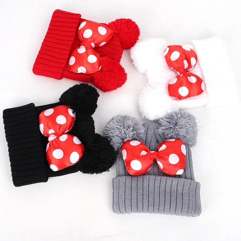 Autumn Winter Anime Cartoon Disney Mickey Mouse Minnie Wool Warmth Knitted Hat Cute Bow Kids Hip Hop Pullover Hat Beanies