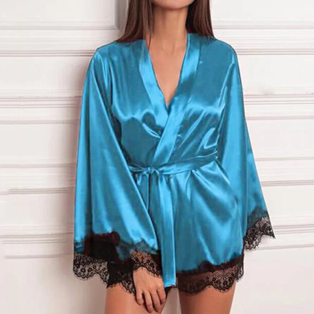 Women Satin Robe Sexy Femme Nightdress Silk Lace Lingerie Nightgown Sleepwear Sexy Nightdress Cotton Women Bathrobe