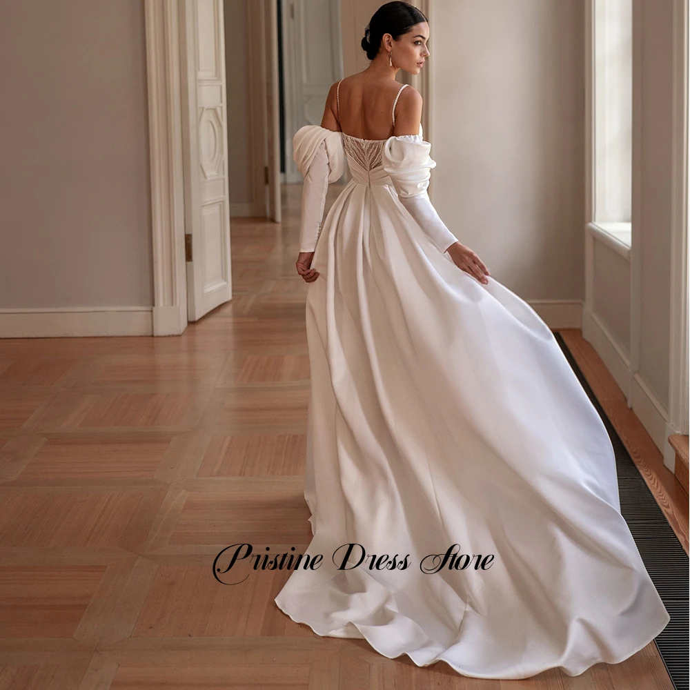 Robe de mariée trapèze en Jersey blanc Simple, avec fente latérale, bretelles Spaghetti personnalisées, manches détachables