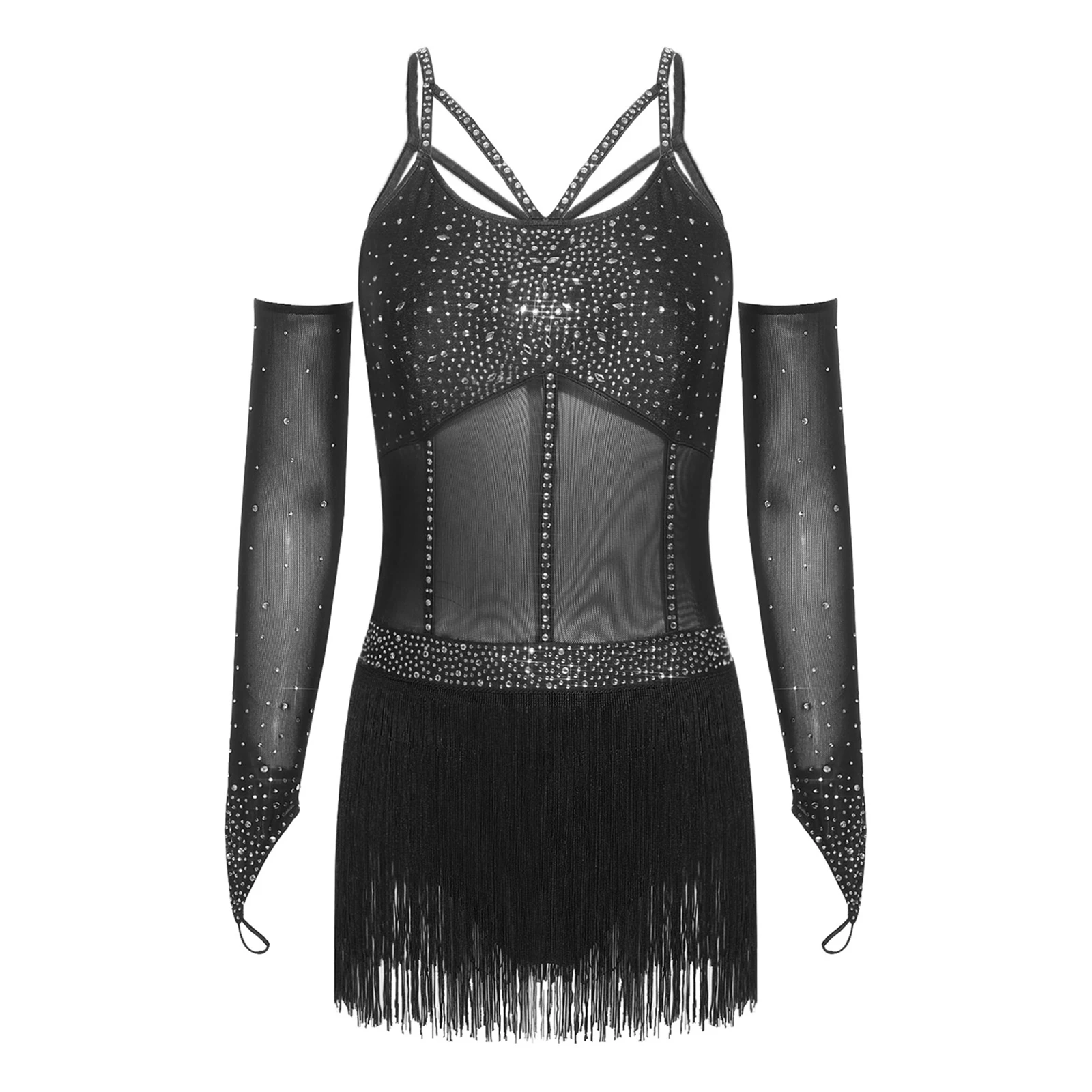 

Womens Latin Dance Bodysuit with Mesh Sleeves Rhinestones Strappy Backless Tiered Tassel Leotard Tango Samba Dance Jumpsuit