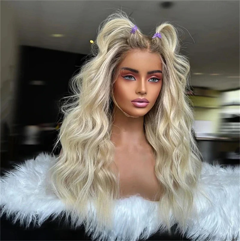 24 Inch Long Wave Wig 13x4 Ombre Platinum Blonde Soft Balayage Wavy Wig Ombre HD Invisible Lace Front Wig Small/Large Size Cap