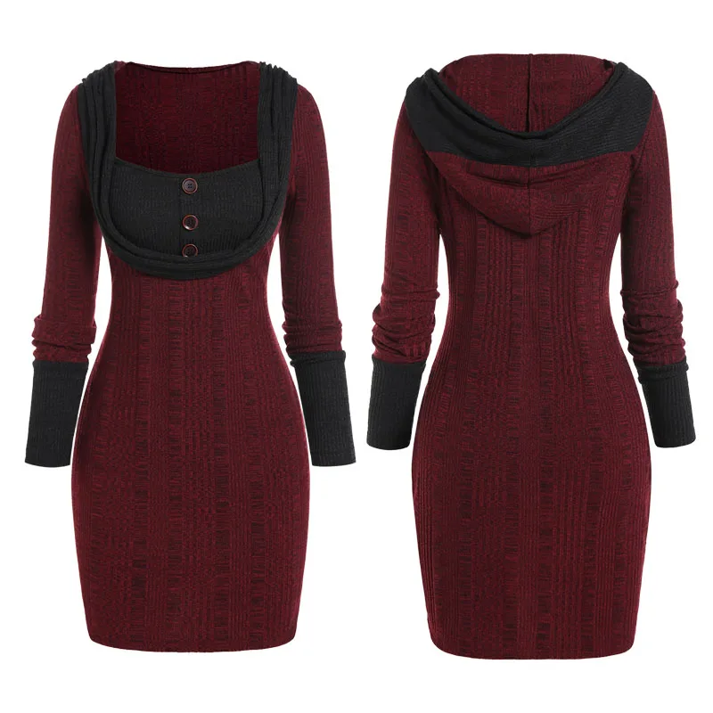 ROSEGAL Plus Size Hooded Rib-knit Long Sleeve Dress Draped Front Dress Women Autumn Winter Mini Jumper Dress Bodycon Vestidos 5X