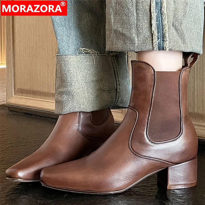 

MORAZORA 2024 New Genuine Leather Ankle Boots Retro Female Slip On Chelsea Boots Square Toe Winter Women Booties Shoes