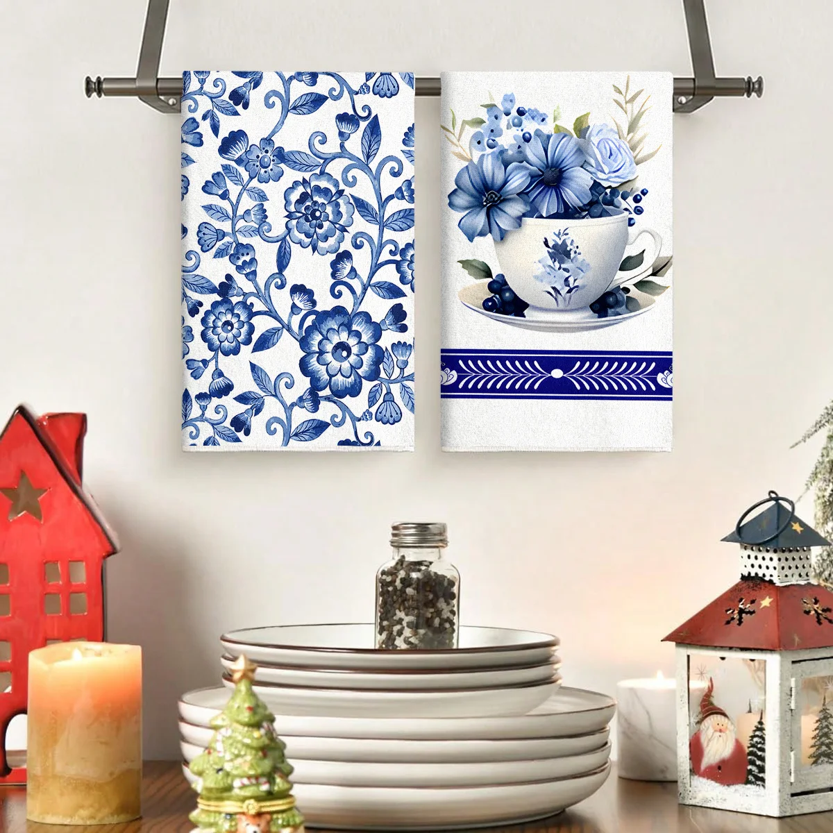 Luxurious and super-soft blue and white ceramic kitchen towels, highly absorbent and soft,  for dishwashing and home decoration
