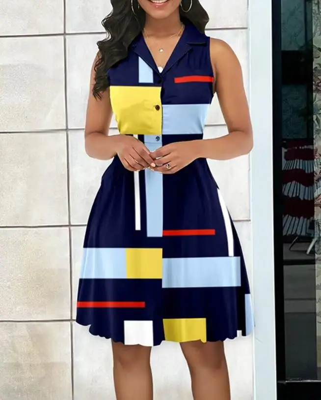 Women\'s Dresses 2023 Summer Fashion Geometric Print Colorblock Buttoned Casual Notched Collar Sleeveless Midi Dress Y2K Clothes