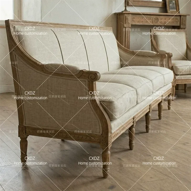 Antique Solid Wood Living Room Sofa Double Triple Seater Villa Model Room Furniture