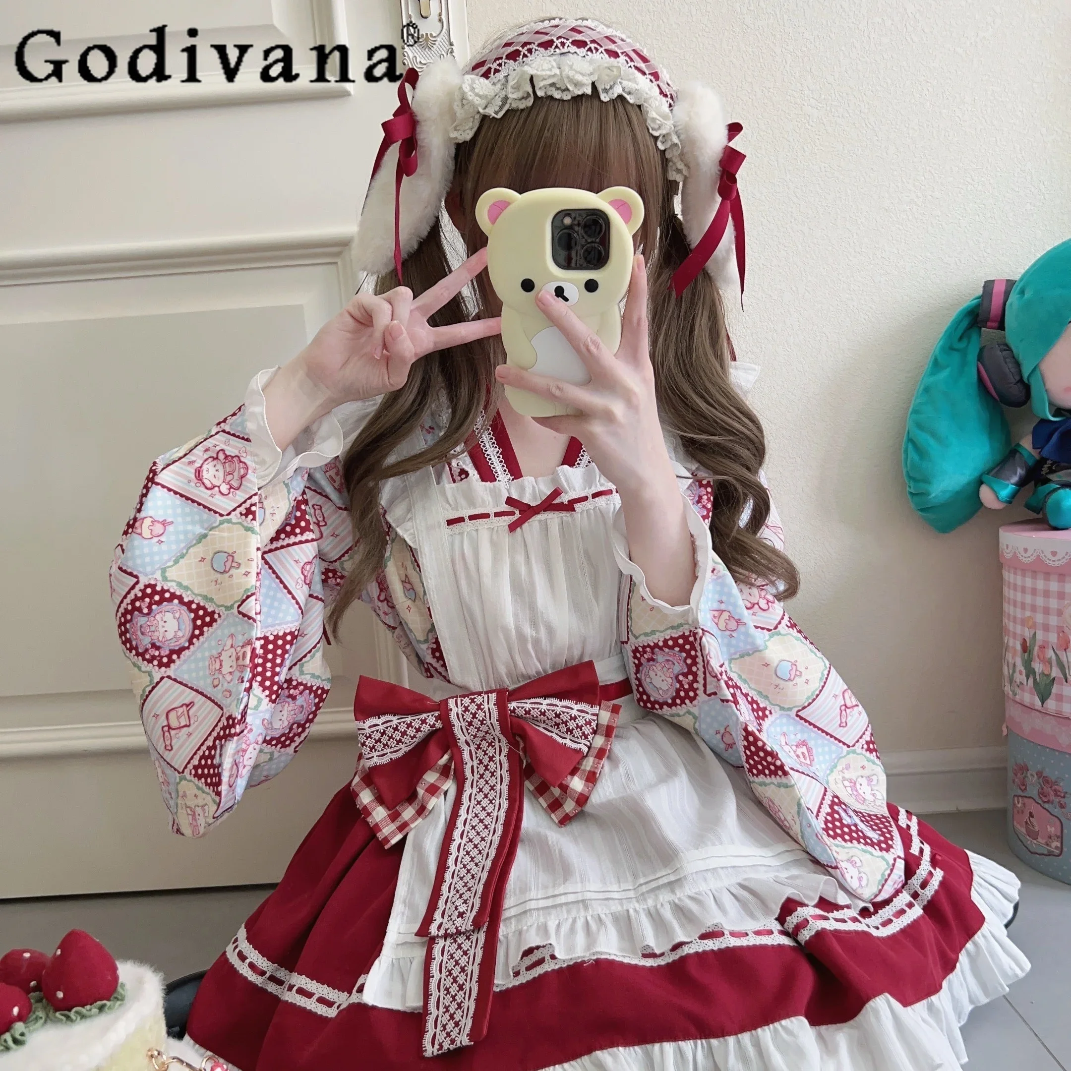 Original Design Lolita Maid Costume Cute Sweet Big Bow Cartoon Print Kawaii Short Dress Set Top and Skirt Two-piece Set Women