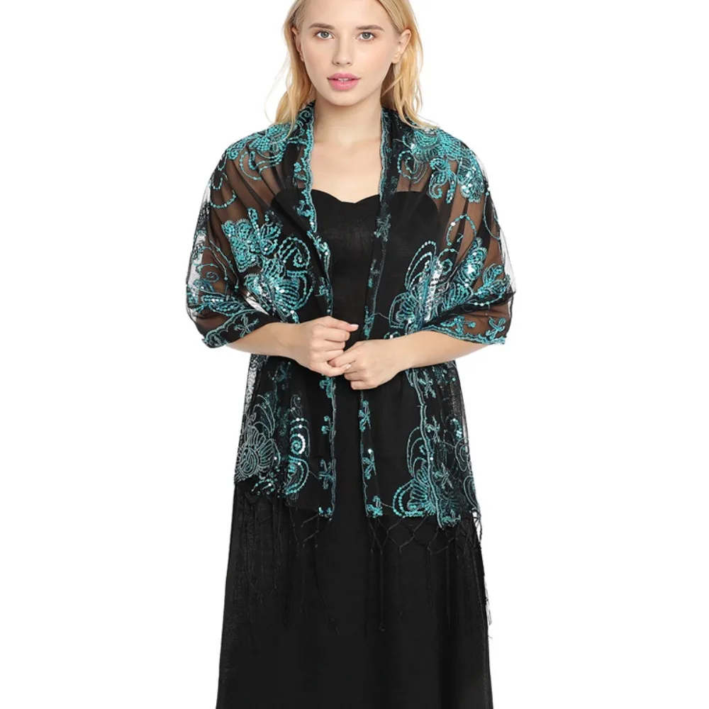 

Elegant Women Evening Dress Wedding Shawl Solid Color Tassel Party Shawl Scarf Sequined Flower Chiffon Silky Scarf Bridal Cape
