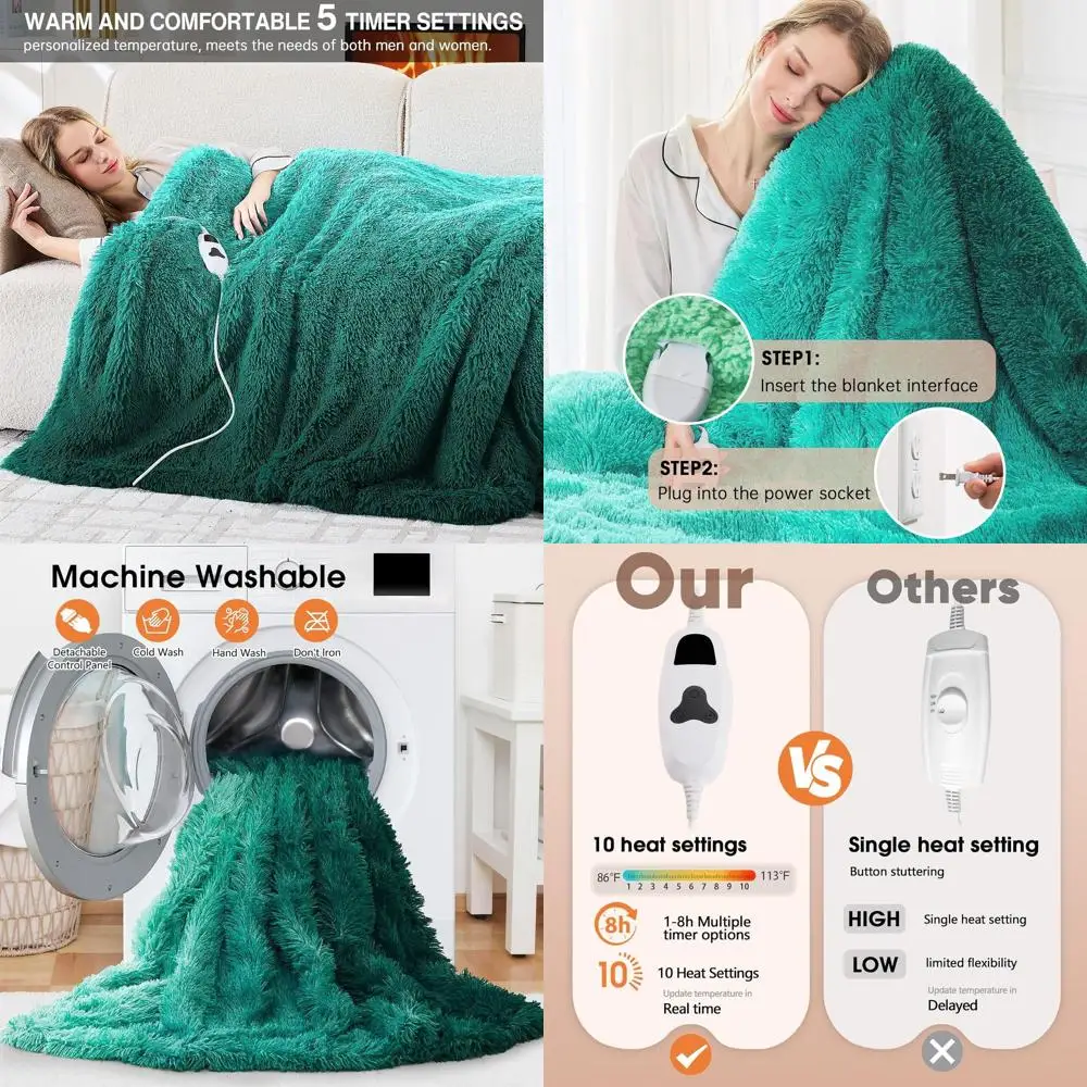 

Faux Fur Sherpa Electric Blanket, 10 Heat & 5 Timer Settings, Fast Warming, 50x60, Forest Mist