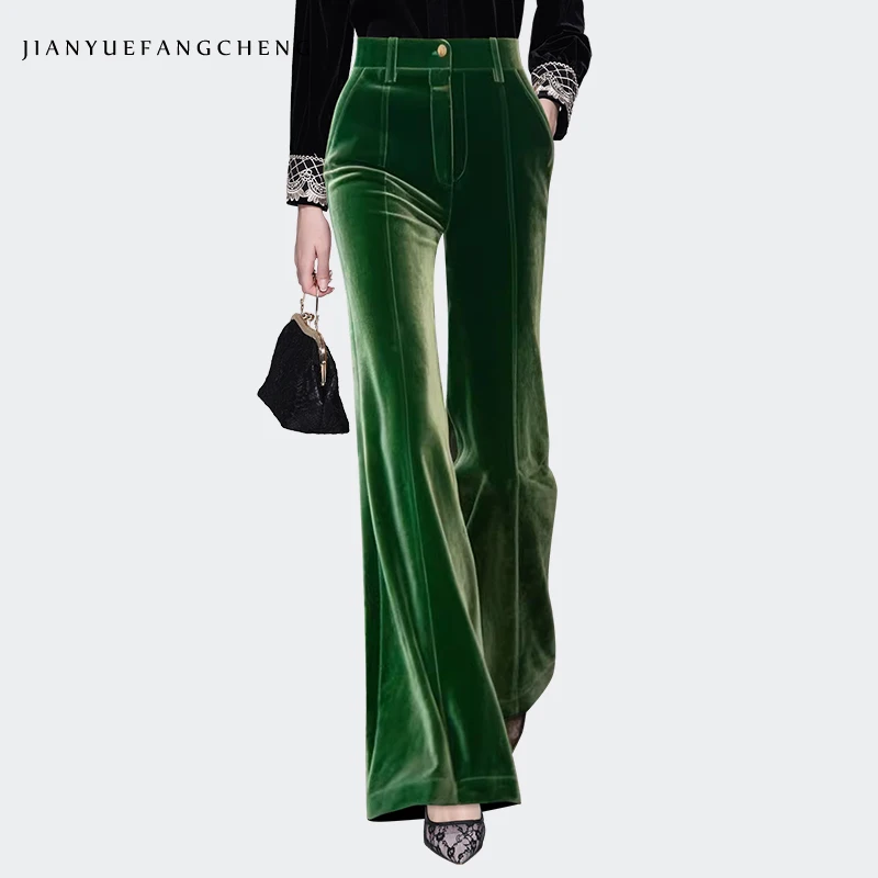 

2023 Fall Winter Velour Casual Pants Women High Waist Flare Pants Long Trousers Solid Color Warm Windproof Ladies Bottoms