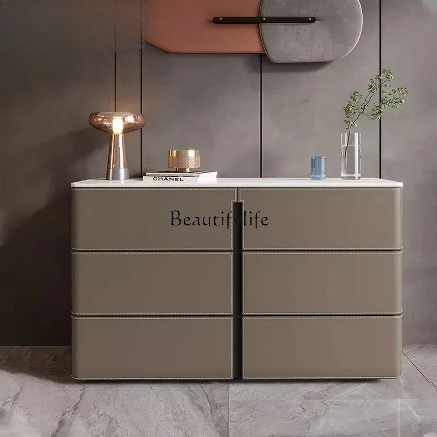 

01Slate Saddle Leather Entrance Cabinet Side Cabinet Italian Light Luxury Locker