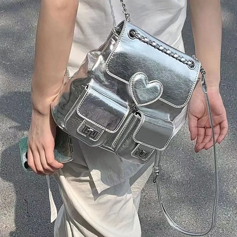 Richme Y2K Silver Women Backpacks Fashion 2024 Designer Mochila Femenina Luxury Heart Shaped Small Capacity Commute Bolso Mujer