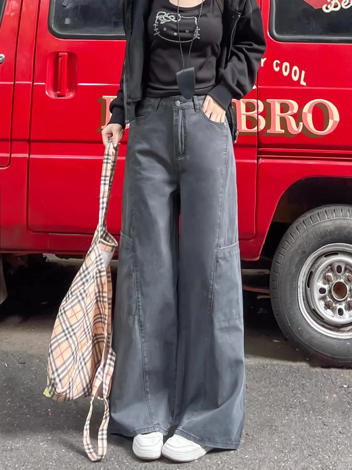 جينز نسائي Y2k جينز أمريكي ريترو رمادي البضائع السراويل عالية الخصر فضفاضة واسعة الساق الاغراء تنوعا مستقيم الساق بنطلون