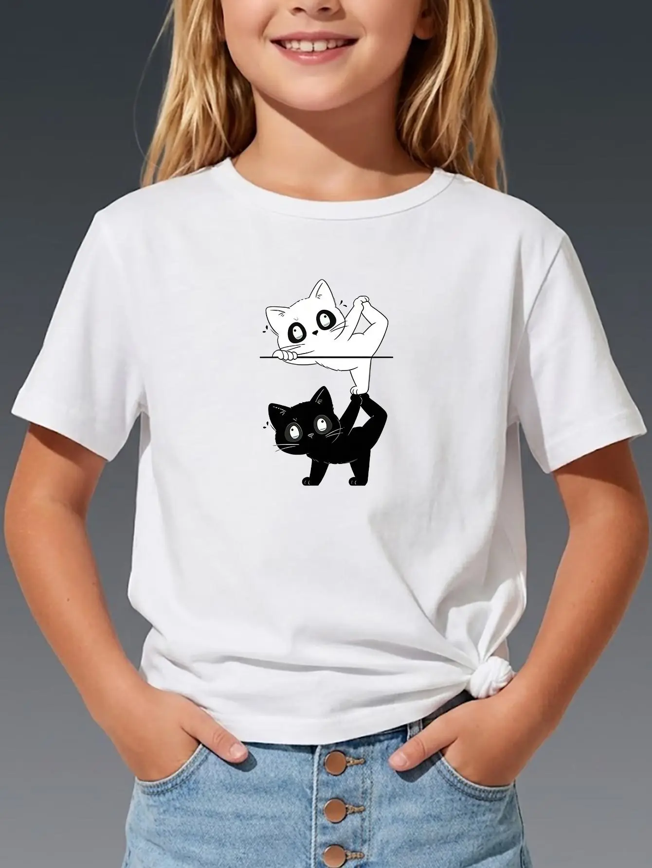 Funny Stretching White Cat Standing On Black Cat Graphic T Shirt Boys Girls Casual Short Sleeve Family Matching Kids Cotton Tee