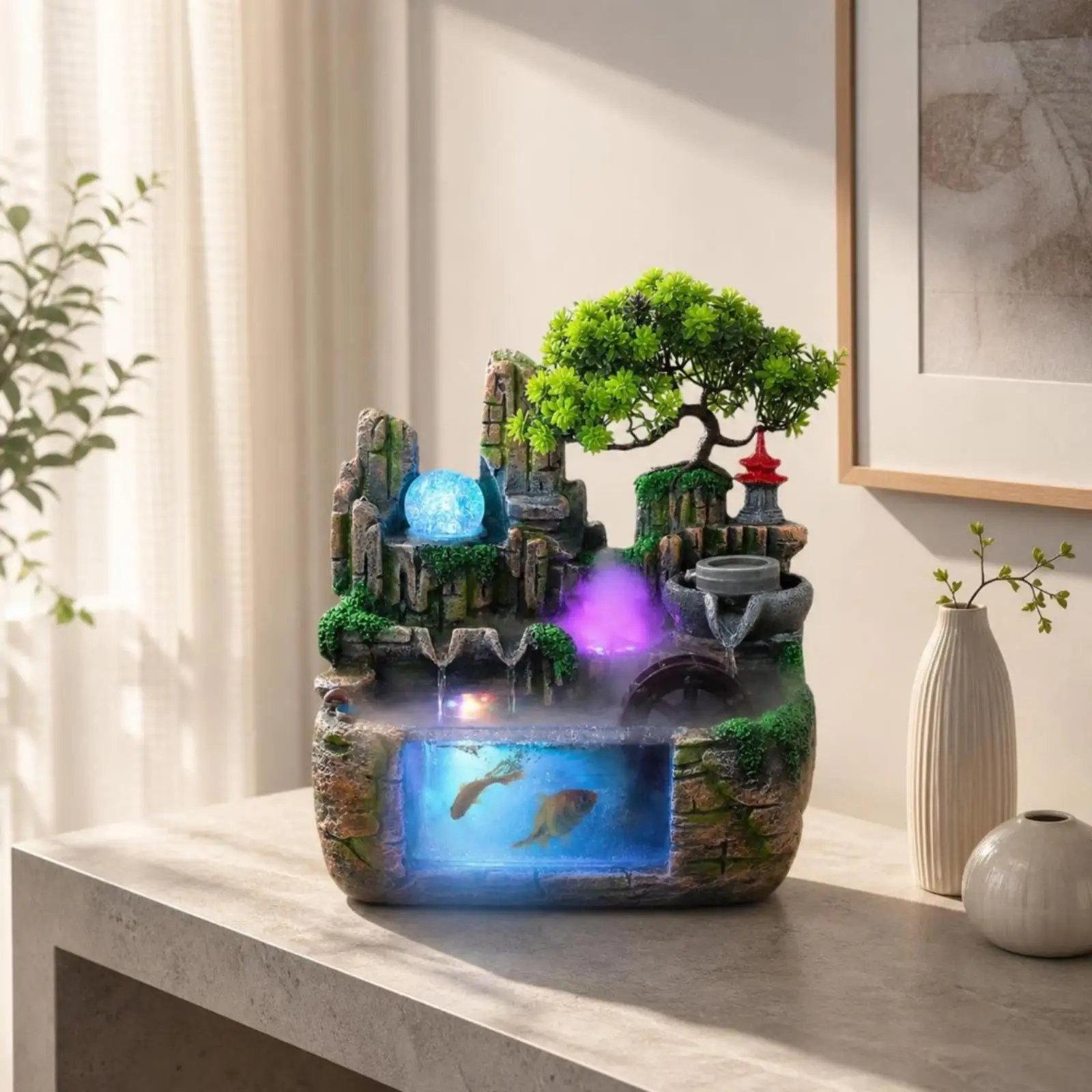 Indoor Table Water Fountain with Fish Viewing Compartment and Mist Spray Decorative Rock Landscape Craft for Feng Shui Decor