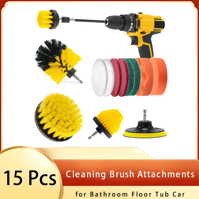 Drill Cleaning Brush Attachments Set 14 Piece with Extend Long Rod Foam Polishing Pad Scouring Pad and Brush for Bathroom Floor