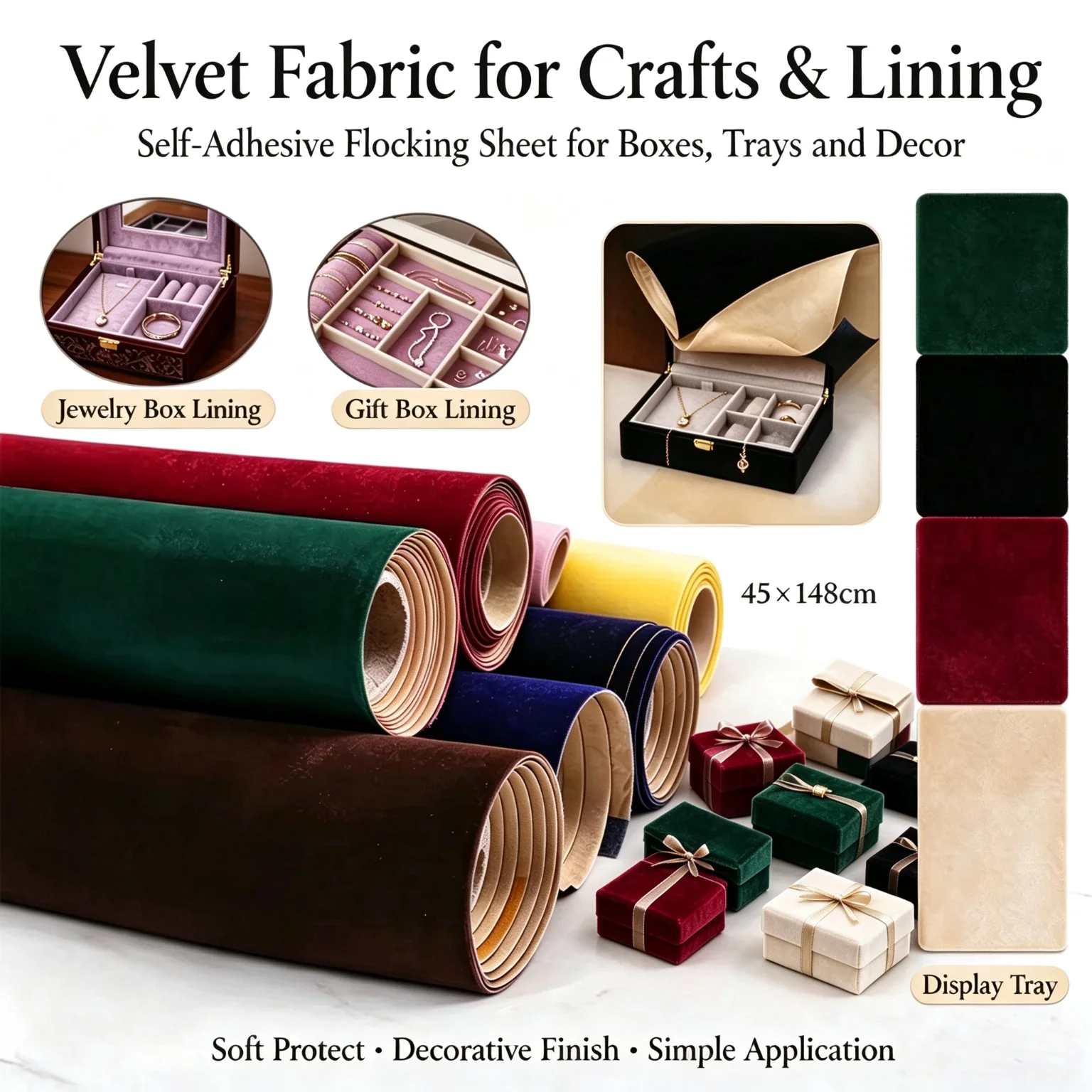 1-3roll Jewelry Box Lining Fabric Self Adhesive Velvet Sheet for Watch Display Tray Drawer Divider 45x148cm Multi-Color