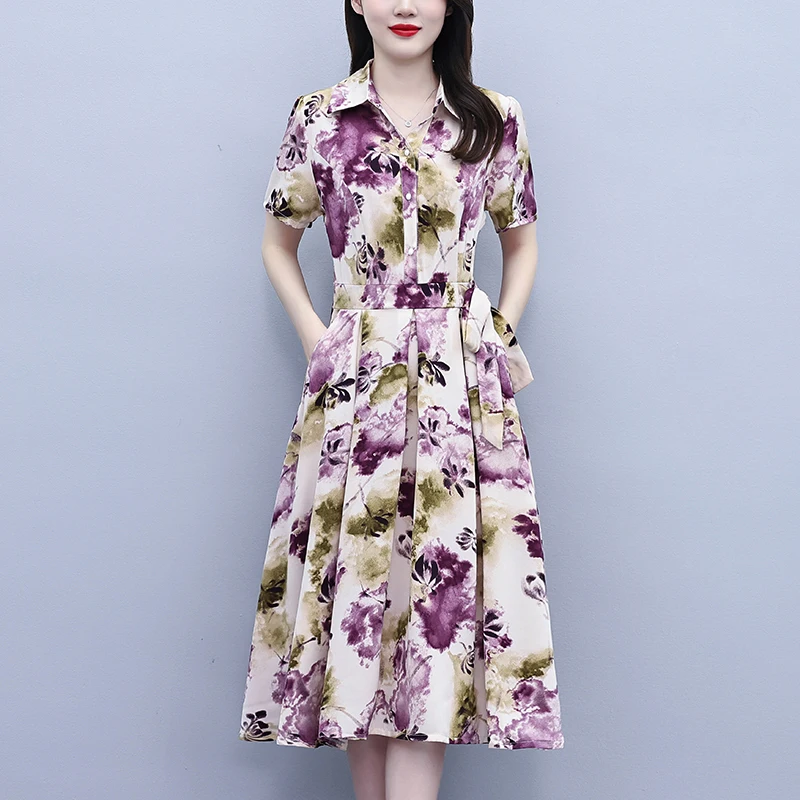 2026 Koreanisches Bedrucktes Büro-Damen Midi-Hemdblusenkleid Sommer Damen Vintage Luxus Bodycon Kleider Elegante Lässige Abendparty Vestidos