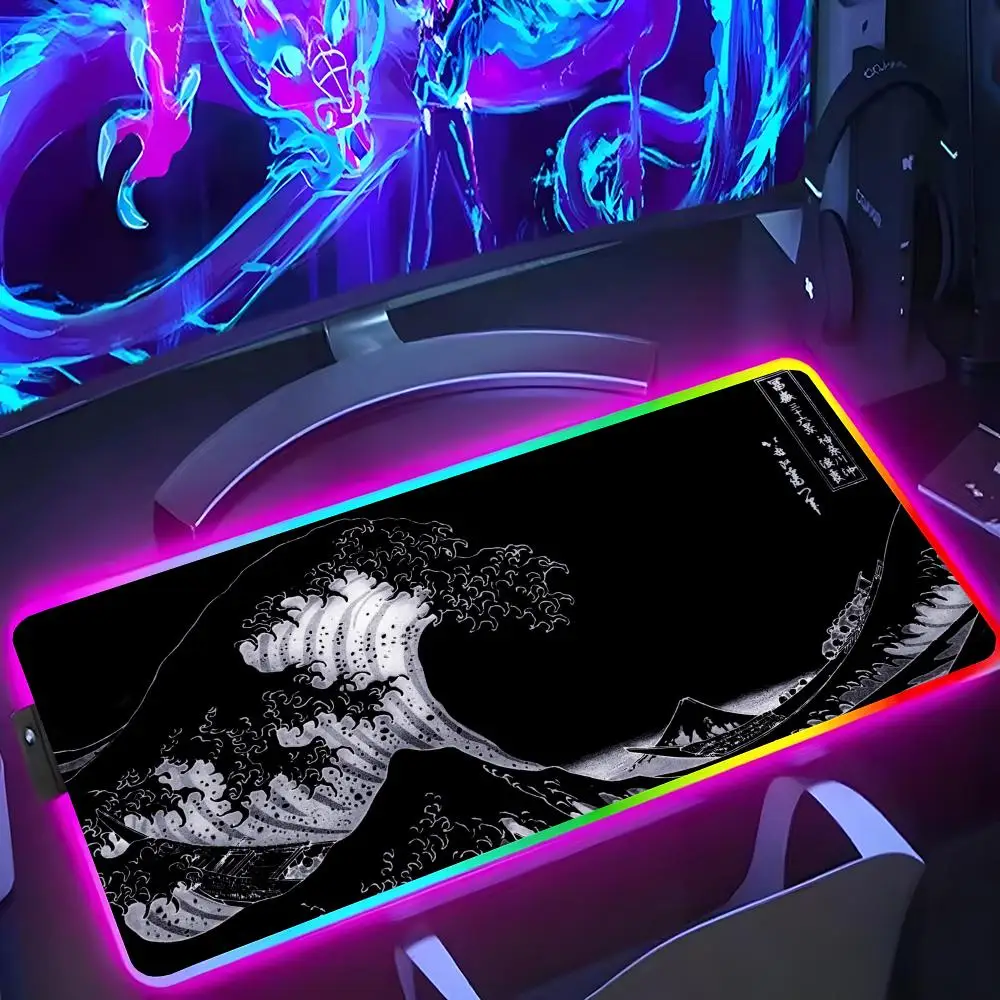 

The Great Wave Off Kanagawa Mouse Pad RGB Luminous 900X400mm Large Table Mat Non-slip Extra Large Game Office Mouse Pad