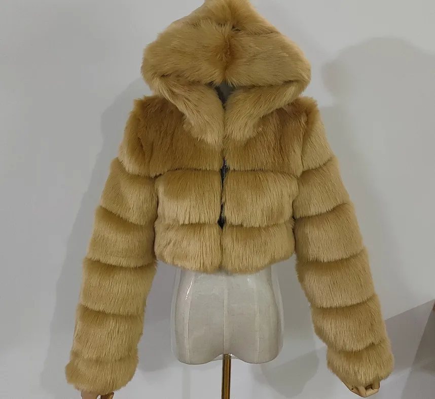 Veste à capuche en fausse fourrure pour femme, manteau haut moelleux, veste en fourrure, sortie gauche, hiver