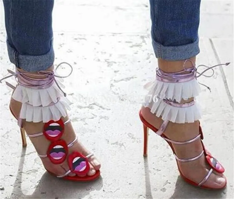 Lips Decorated Mesh Fringes Sandals Newest Charming Unique Open Toe Thin Straps Stiletto Heel Dress Shoes Lace-up High Heels