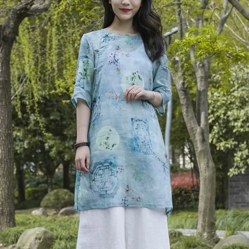 Hanfu Shirt 'S Clothing Summer 2024 Literature Restore Tea Ceremony Chinese Style Clothes Qipao Folk Women Tops Blue 11 MN8