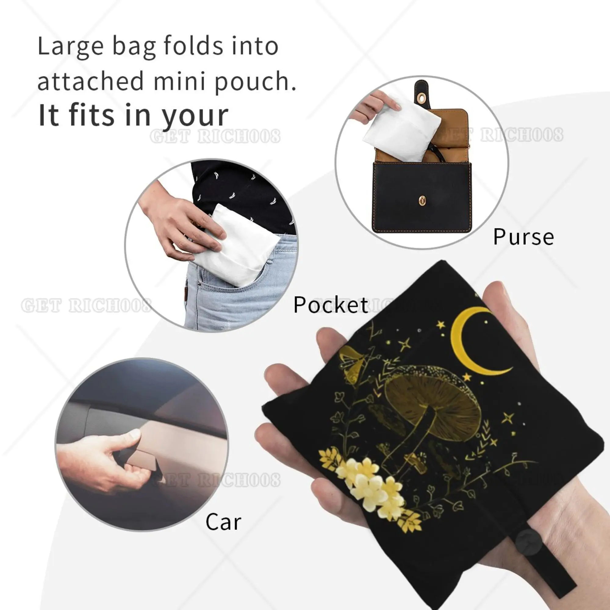 Mushroom and Moon Gothic Shoper Bag Portable Tote Bag Recyclable Grocery Bags Women Hand Bag for Shopping Outdoor Foldable