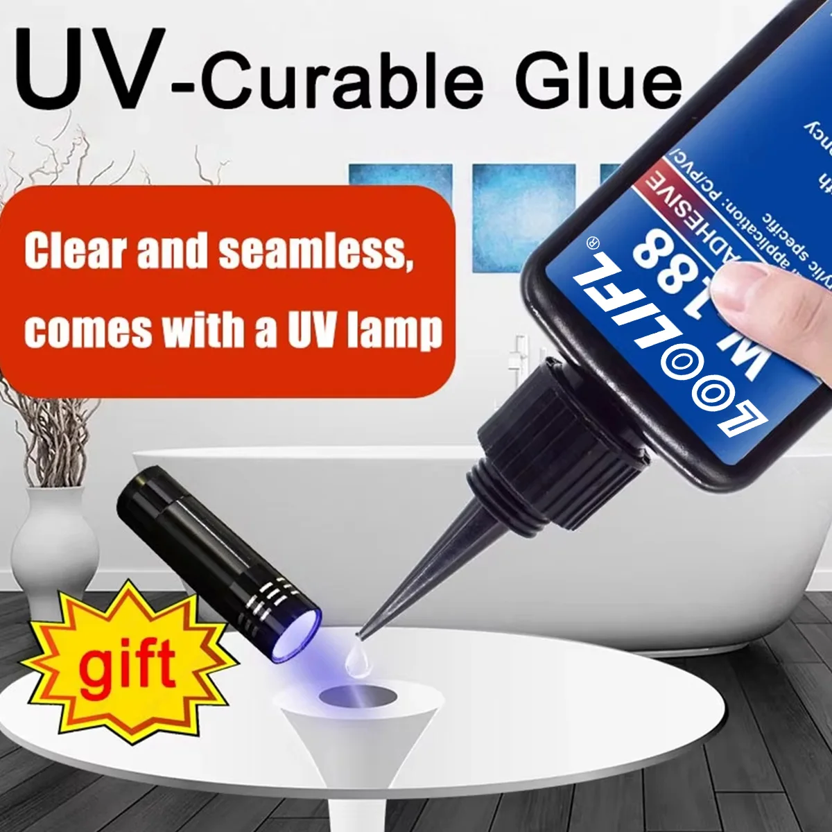 LOOLIFL W‑188 Cola UV Sem Sombra, Adesivo de Cura por Luz UV, Alta Transparência, Ligação Sem Vestígios para Vidro com Vidro, Vidro com Metal, Cristal