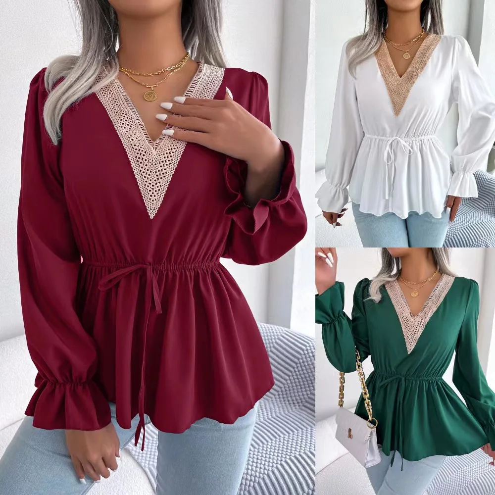 Camisa superior para mujer 2024 Otoño/Invierno nueva Blusa De manga larga con empalme De encaje Camisetas De Manga Larga Blusa Roja Tops para mujer