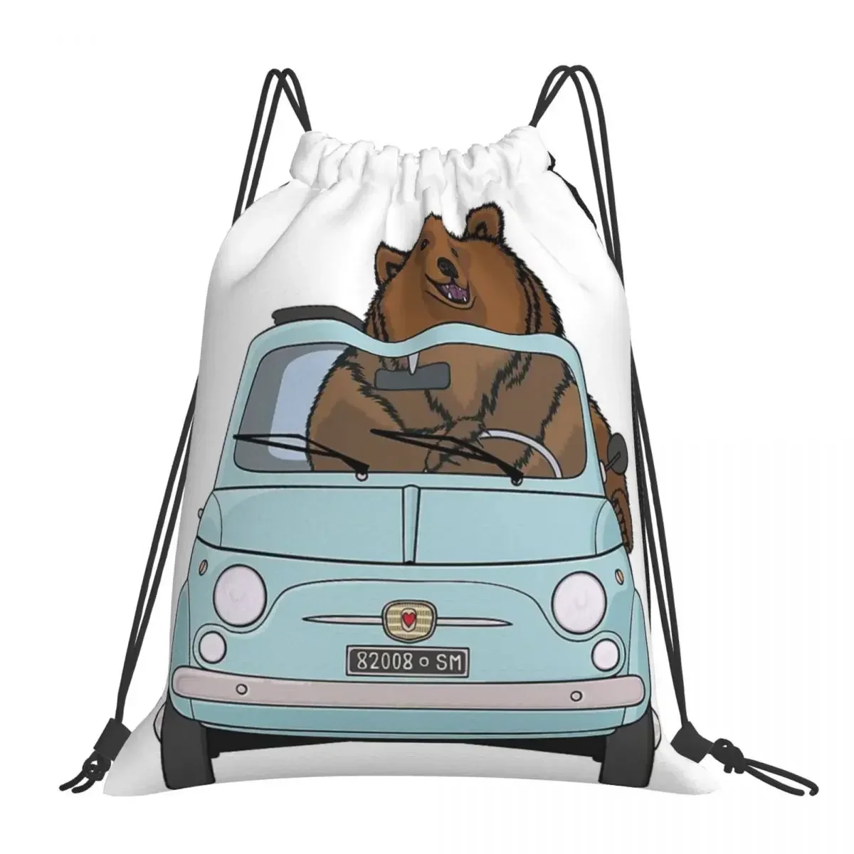 Bear In A Pale Blue Vintage Fiat 500 Backpacks Drawstring Bags Drawstring Bundle Pocket Sports Bag BookBag For Travel School