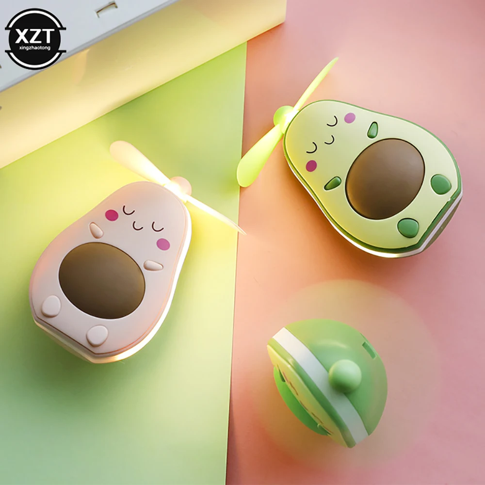 Mini Multifunktionale LED Make-Up Spiegel und Fan 2 In 1 Integrierte Nette Avocado Geformt Praktische Tragbare USBCharging Handheld Fan
