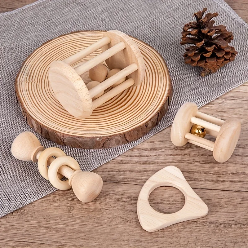 4Pcs/Set Wooden Baby Handbells, Early Learning Grasping, Rattling Pacifying Enlightenment Toy, Exquisite Gift Gift for Newborns