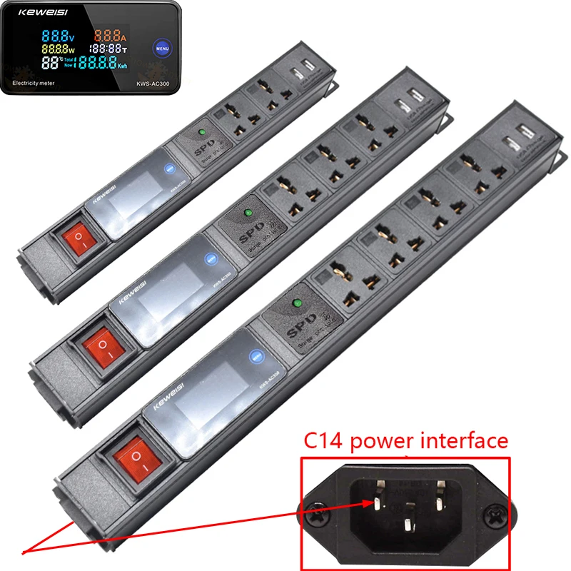 Power strip with surge protection Digital Ampermeter Power Energy Voltmeter Ammeter 2USB universal socket voltmeter, C14 input