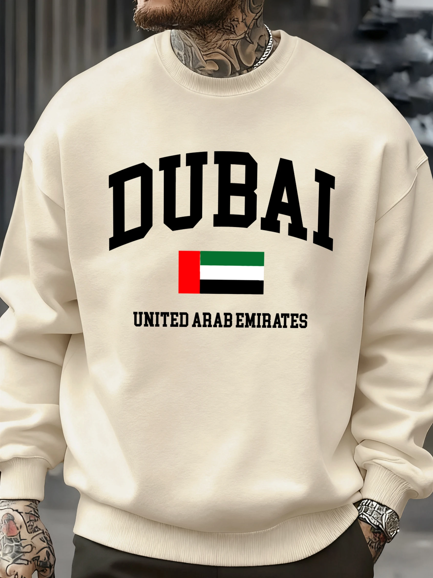 Dubai Vereinigte Arabische Emirate Gedruckt Männer Sweatshirt Weiche Herbst Warme Langarm Fleece All-Match-Pullover Oansatz Lose Sportswear