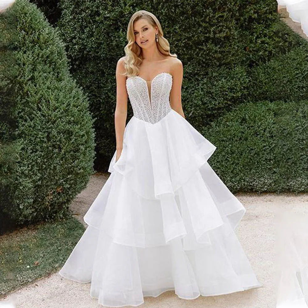 

Shiny Beaded Seauined V-neck Ruffles Bridal Grown A Line Wedding Dresses Custom Made 2026 Rode De Morrie