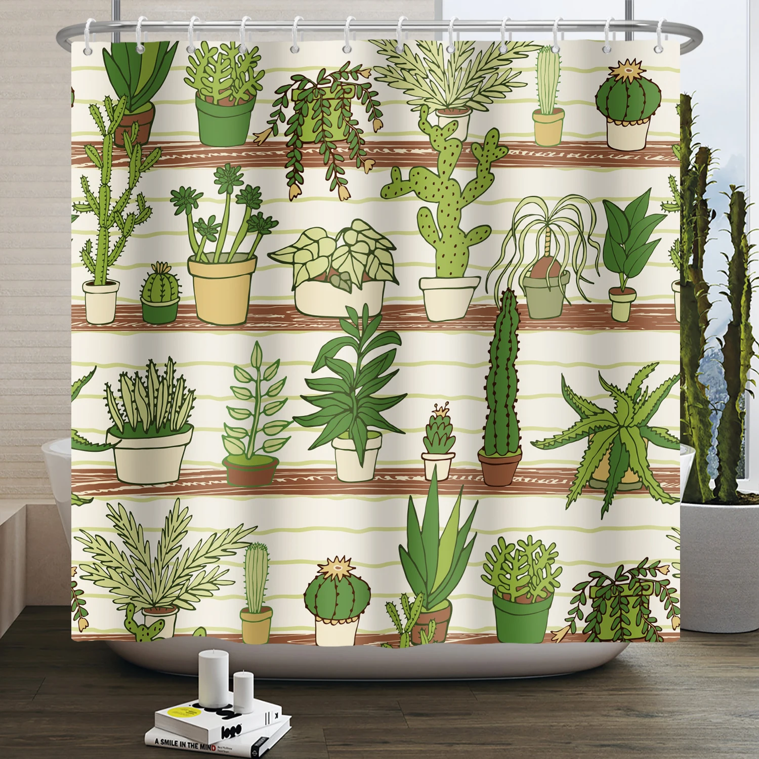 Green Plant Cactus Shower Curtain Tropical Botanical Flower Bathroom Shower Curtains Waterproof Fabric Bath Curtain Home Decor