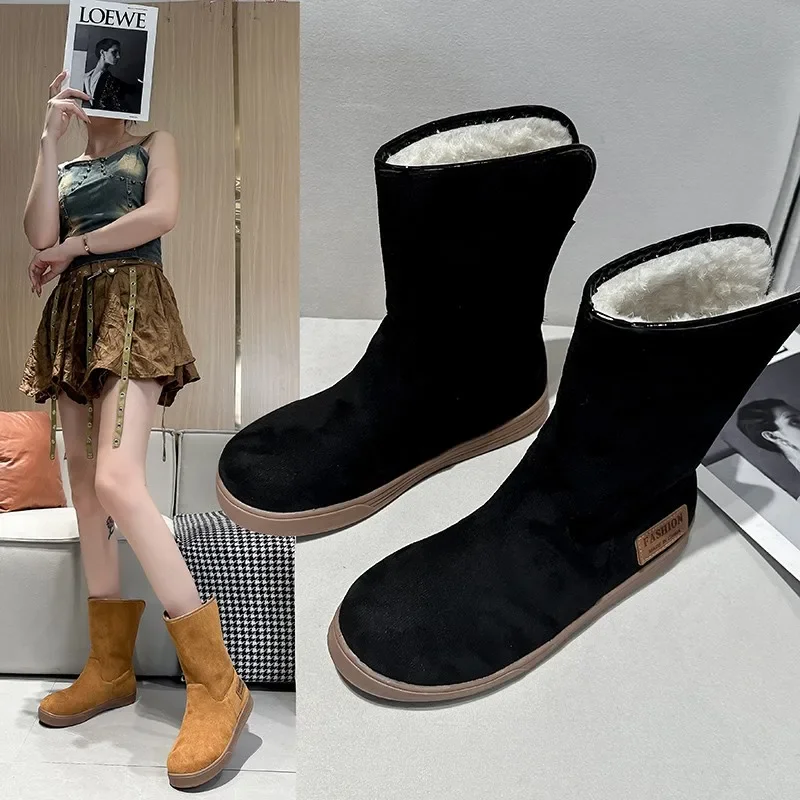 2024 New Shoes for Women Slip on Women\' Boots Winter Round Toe Solid Flock Plush Warm Comfortable Low-heeled Mid Calf Snow Boots