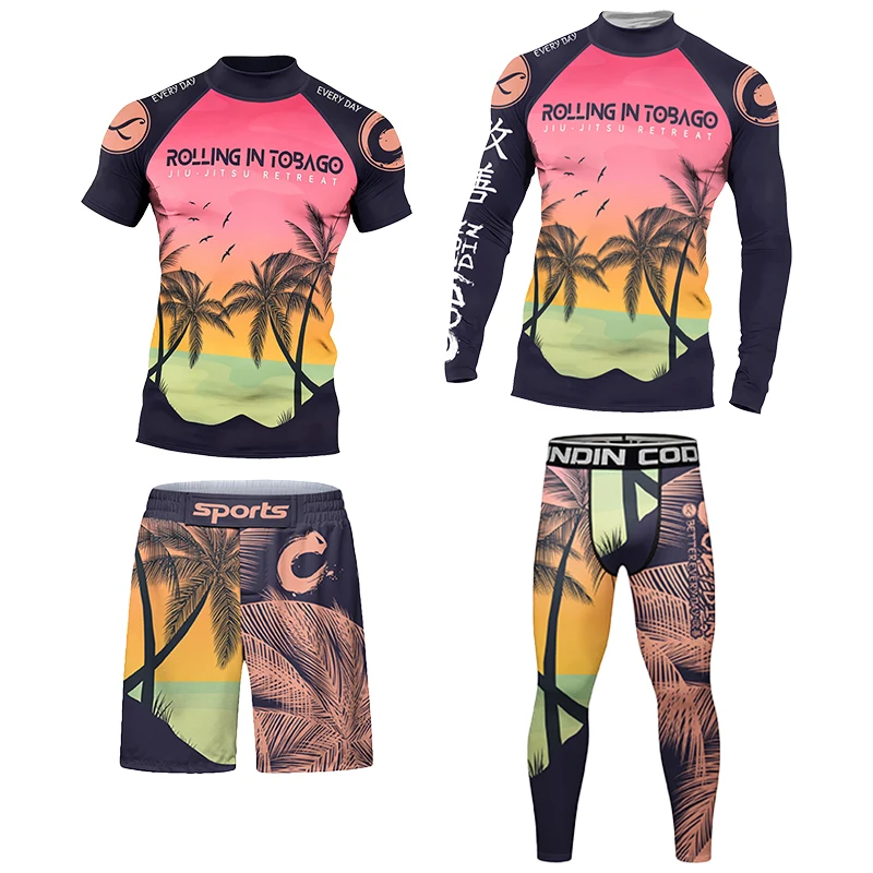 Beach Leaves Design MMA Rash Guard Boxing No Gi Jiu Jistu T-Shirt+Shorts 4pcs/Sets Rashguard Men BJJ Muay Thai Tight Sportsuits