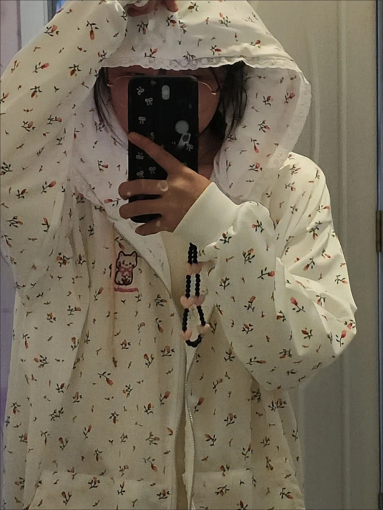 

Kimotimo Cat Floral Print Spliced Lace Hoodies Women Autumn Winter Zipper Loose Cardigan Japanese Sweet Long Sleeve Sweatshirts