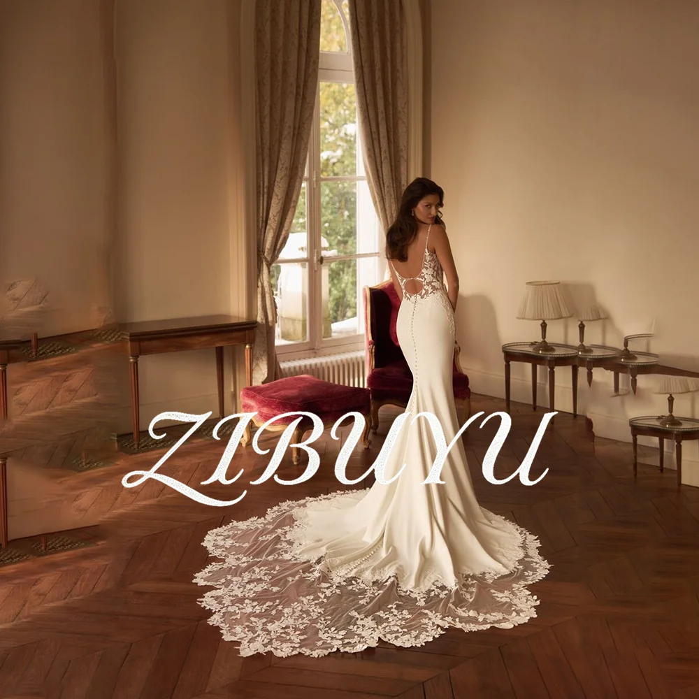 

ZIBUYU Customized Mermaid Wedding Dress Spaghetti Straps V Neck Lace Appliques Sheer Bodice Open Back Floral Lace Bridal Gowns