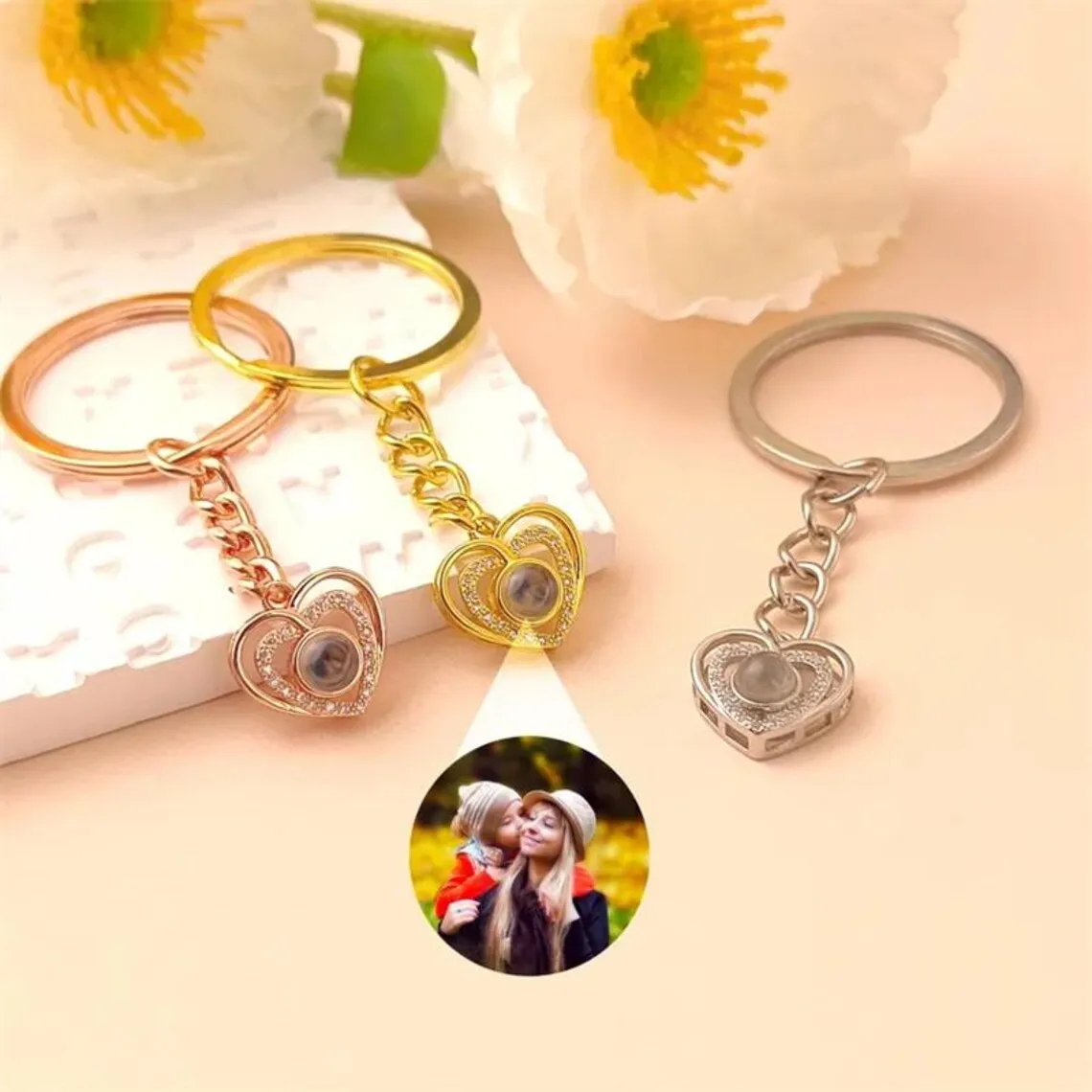 

Personalized Custom Photo Projection Keychain Heart Pendant With Zircon Keychain Memorial Anniversary Gift For Couple Jewelry