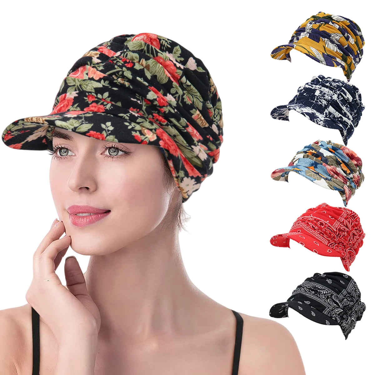 

2026 New Print Hijabs Autumn Women Peaked Cap Short Brim Warm Foldable Earflap Women Cap Ethnic Style Winter Hat Daily Clothing
