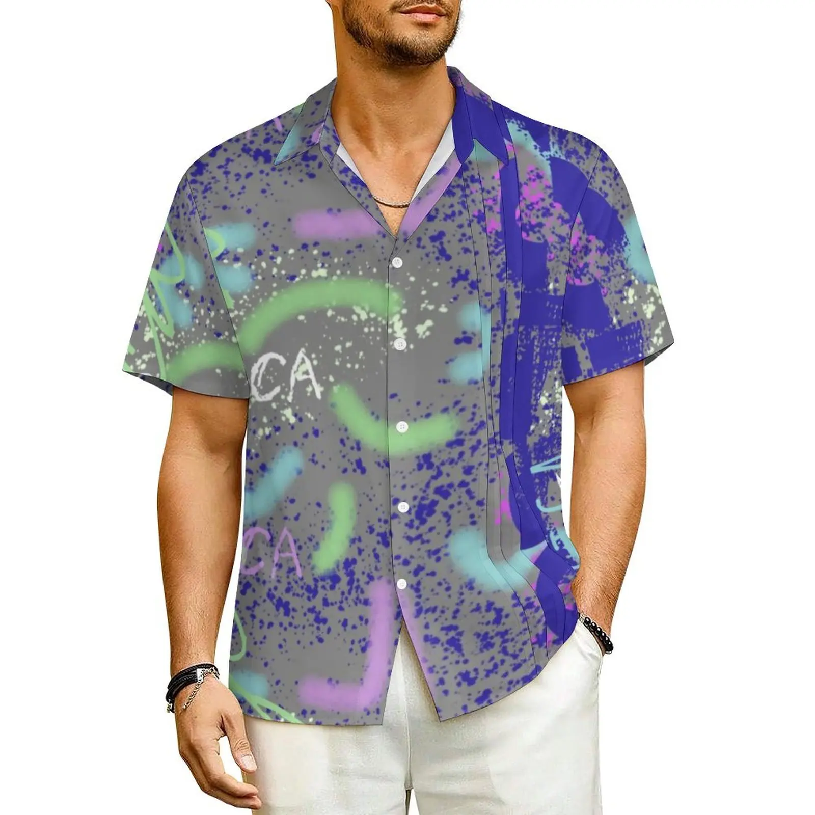 

Colorful Abstract Letters Beach Shirt Male Graffiti Art Print Elegant Casual Shirts Summer Short Sleeve Design Oversized Blouses