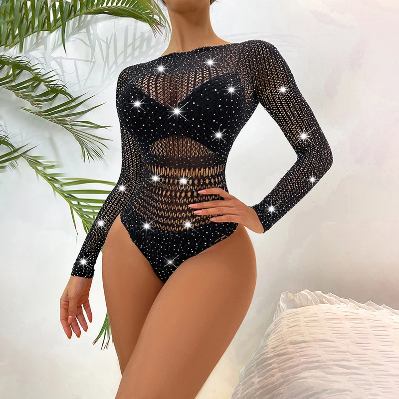 Sexy Women Bodysuit Rhinestone Backless Fishnet Jumpsuit Woman Body Suits Syllable Club Wear Rave Outfit Festival Clothing