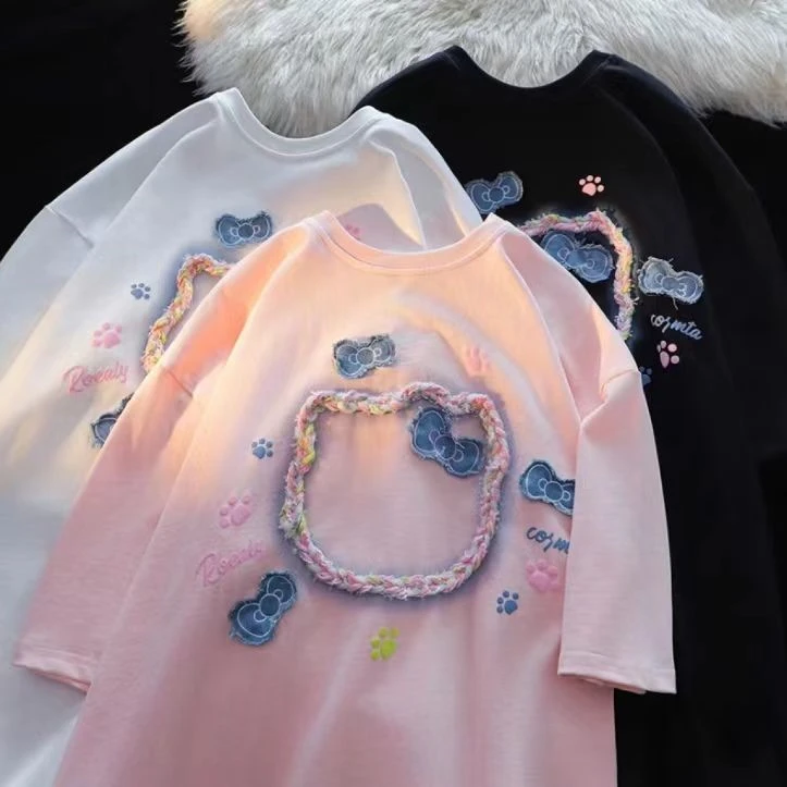 

Sanrio Hello Kitty Kawaii Heavyweight Cute Embroidery Applique Short-Sleeved T-shirt Sweet Cool Wind Summer Loose Cotton Tops